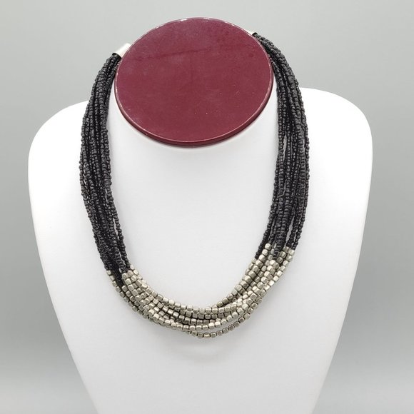 Premier Designs Multi Strand Beaded Necklace Black Silver Seed Beads 18 in - Picture 1 of 8